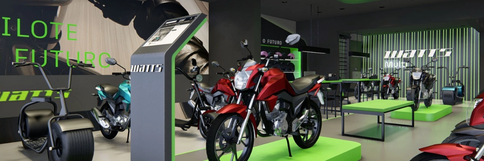 Imagem de uma concessionária Watts com motos elétricas em exibição